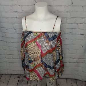 Poetry Chiffon Geo Print Off On The Shoulder Pirate Sleeve Tank Blouse Small